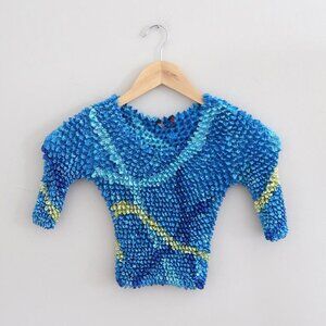 Y2K Popcorn Crinkle Stretch Top Blue Abstract Pattern